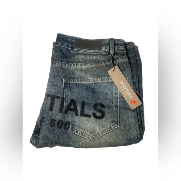 Fear of God Essentials Blue Straight Jeans with Vintage Distressing - Picture 3 of 4